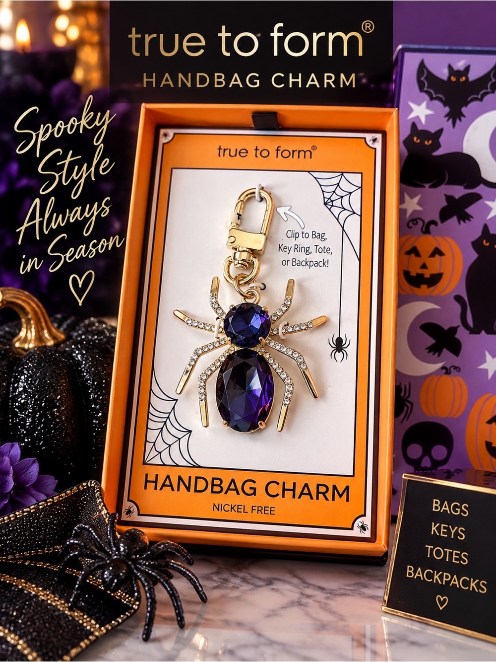 TRUE TO FORM SPIDER HANDBAG CHARM has crystal studded legs Clips to tote bag NEW